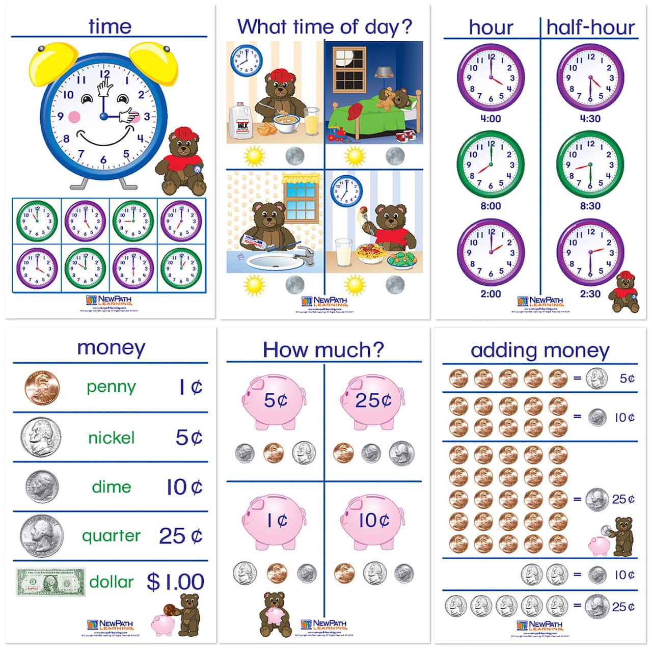 NewPath Learning® 12" x 18" Time & Money Bulletin Board Charts Set, English Edition